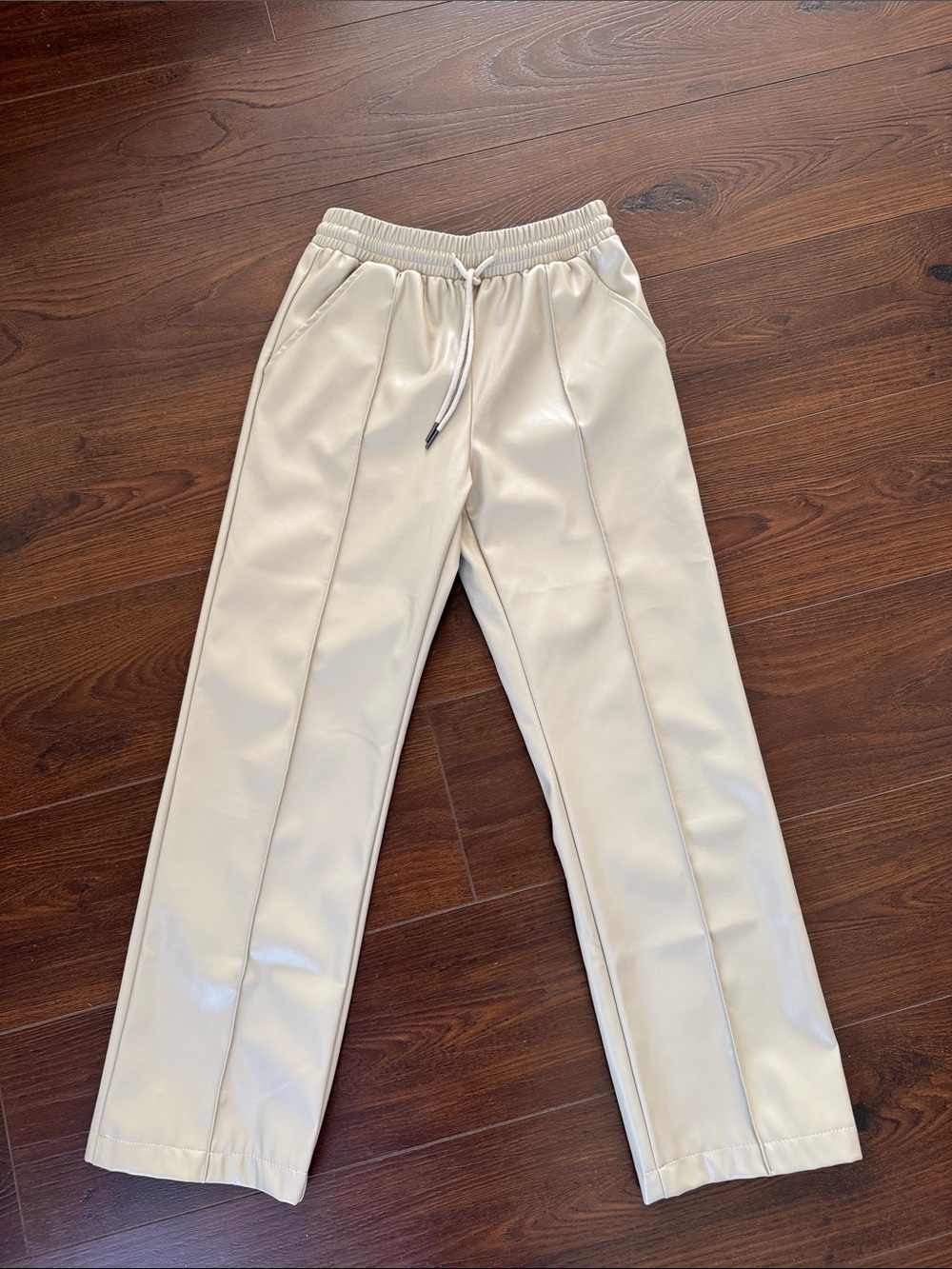 PLT Women's Cream Drawstring Leather Pants